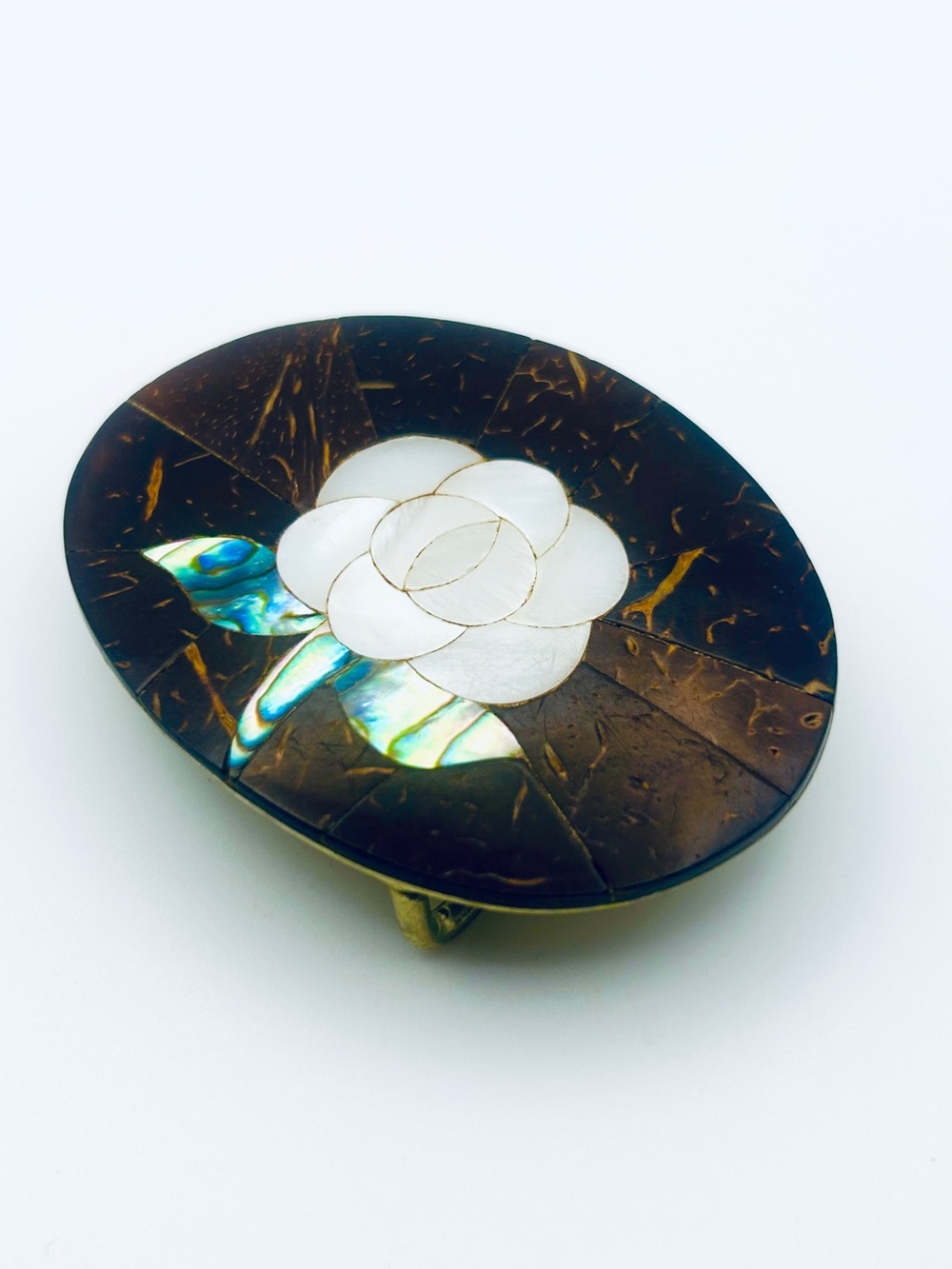 VINTAGE MEXICAN Alpaca Silver White Rose Shell & Abalone Belt Buckle